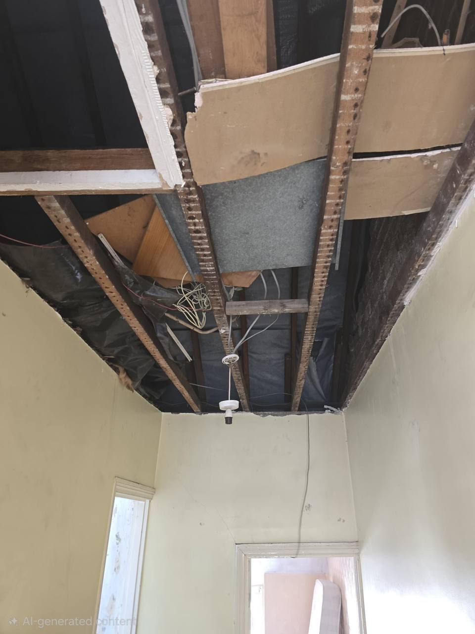 Hallway ceiling opened before repair in Cardiff